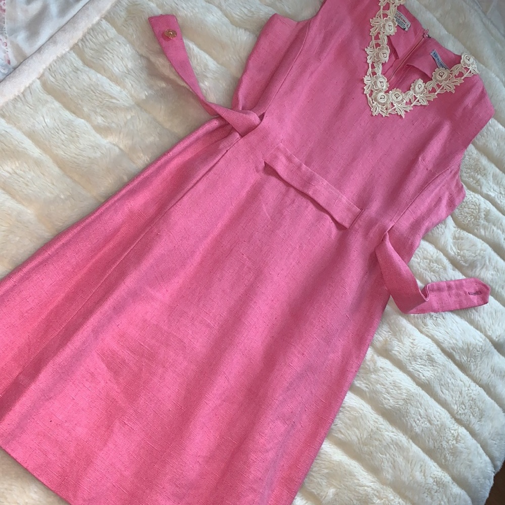 Authentic Vintage 1960's MOD Pink mini dress with pockets pure Irish linen  S M - Picture 8 of 13